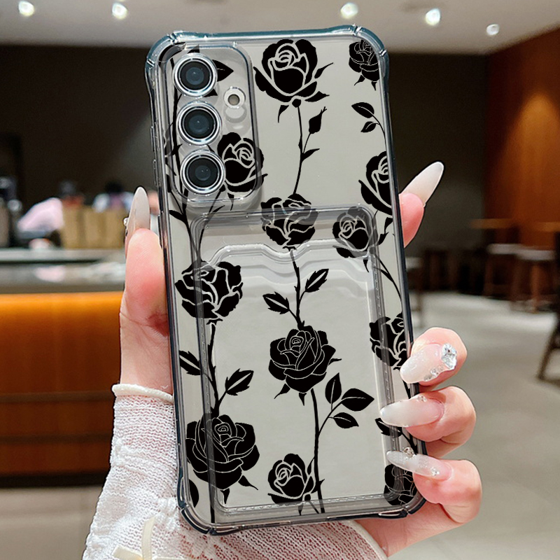 Wallets - ブラックローズ柄カードバッグウォレットケース サムスンギャラクシーS25 FE S26 S24 S23
