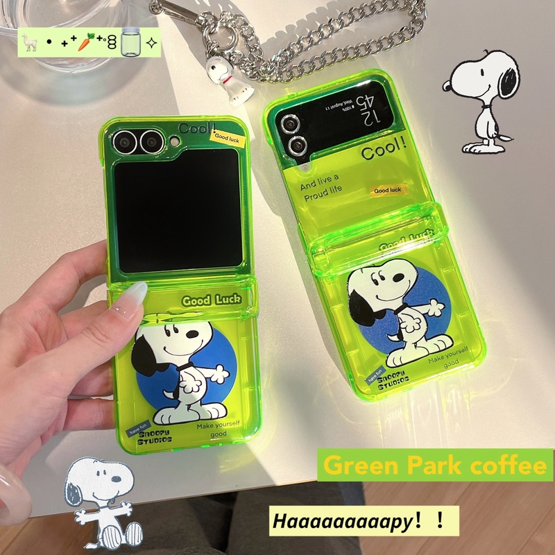 Wallets - かわいい漫画ピーナッツスヌーピー蛍光グリーンカードウォレットポケット付きスマホケース Samsung Galaxy Z Flip 7