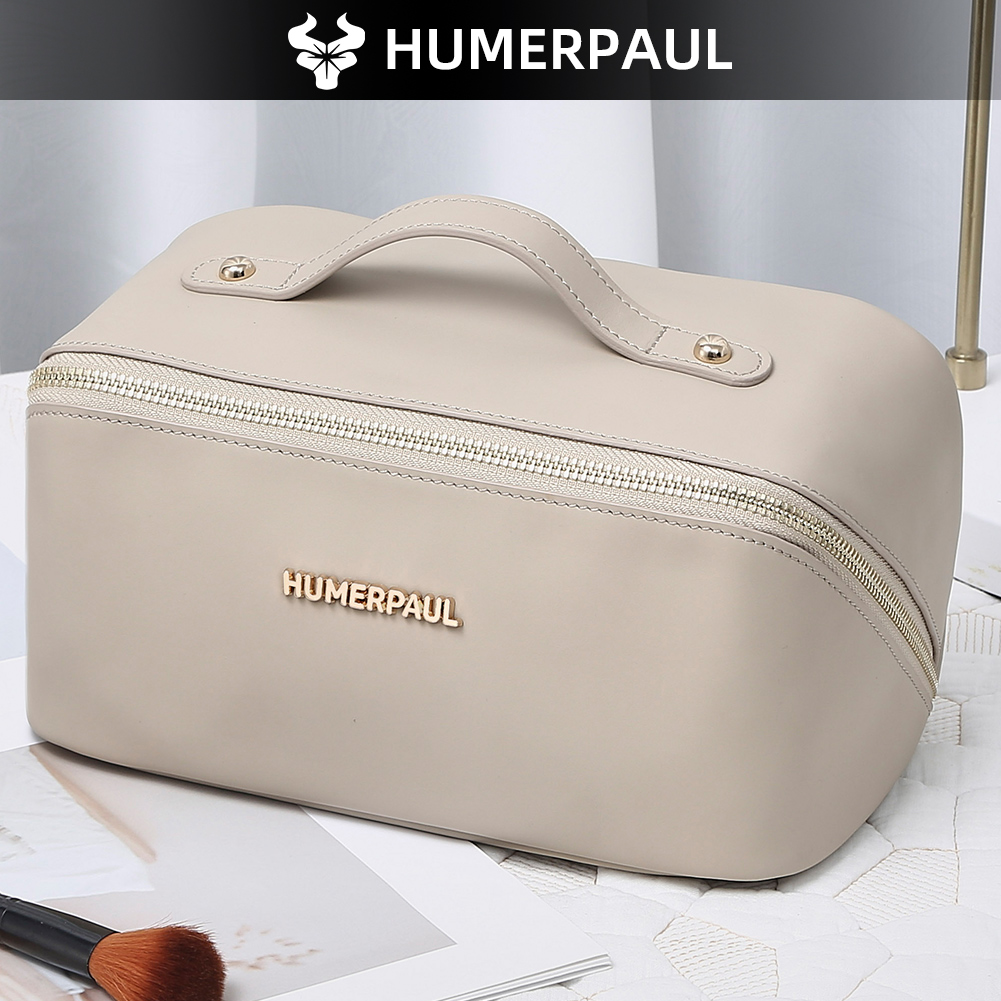 Cosmetic Bags - HUMERPAUL レディース フルグレインレザー製 メイクアップバッグ。持ち手付きで、大容量。旅行用のコスメオーガナイザーとしても使えるトイレタリーバッグ。